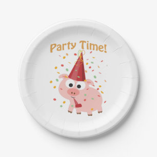 Party time Cartoon Pink Pig with confetti and Hat Paper Plate