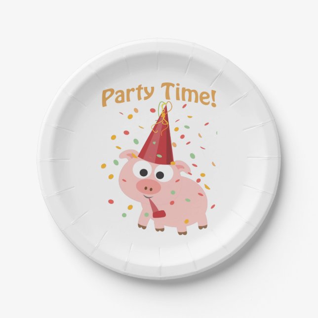 Party time Cartoon Pink Pig with confetti and Hat Paper Plate (Front)