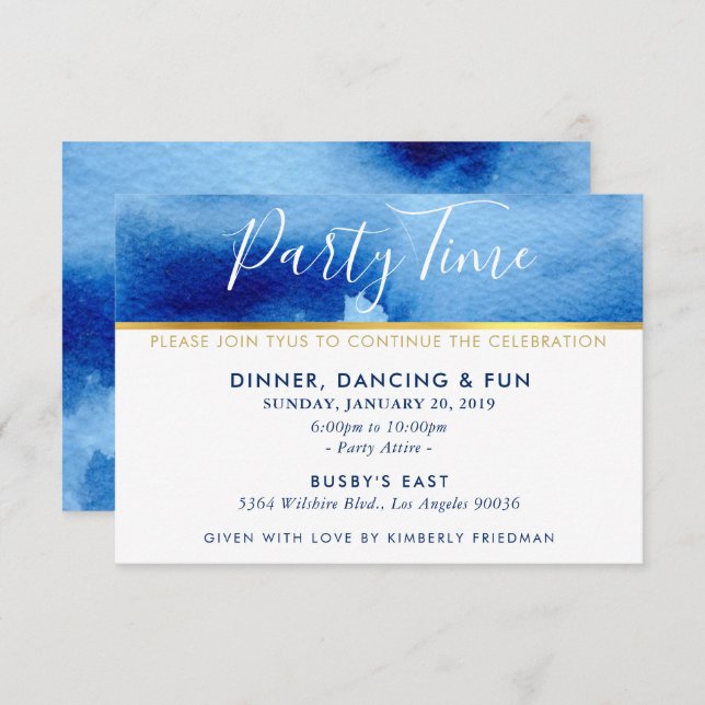PARTY TIME CELEBRATION gold smart blue watercolor Invitation (Front/Back)