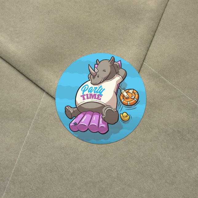 Party Time Funny Rhino Inflatable Cartoon Classic Round Sticker (Creator Uploaded)