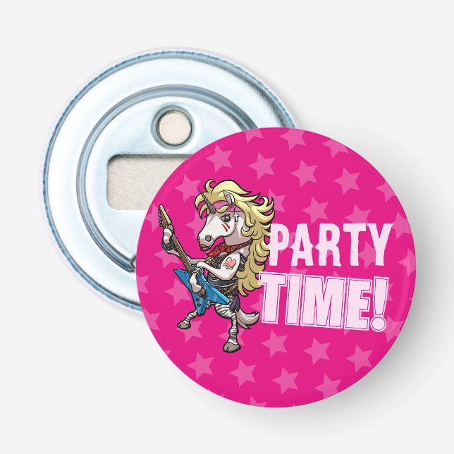 Party Time! Hair Metal Glam Rock Unicorn Cartoon Bottle Opener (Front)
