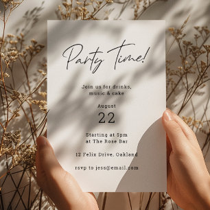 Party Time Modern Minimalist Simple Clean White Invitation