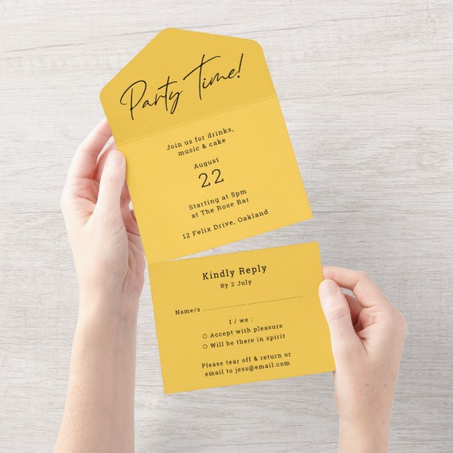 Party Time Mustard Yellow Minimalist Stylish RSVP All In One Invitation (Tearaway)