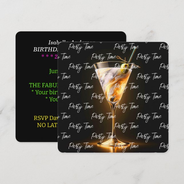 Party Time Neon Trendy Personalised Invitation (Front/Back)