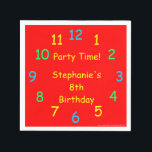 Party Time Paper Napkins, 8th Birthday, Red, Kids Napkin<br><div class="desc">What a fun paper napkin for a child's birthday party. Colourful paper napkins in my "Party Time" clock design. Primary colours, including red, yellow, blue, and green are very festive and fun. Although default says "8th Birthday", you can easily change the text for name, # of years, and event. For...</div>