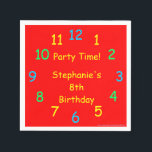 Party Time Paper Napkins, 8th Birthday, Red, Kids Napkin<br><div class="desc">What a fun paper napkin for a child's birthday party. Colourful paper napkins in my "Party Time" clock design. Primary colours, including red, yellow, blue, and green are very festive and fun. Although default says "8th Birthday", you can easily change the text for name, # of years, and event. For...</div>