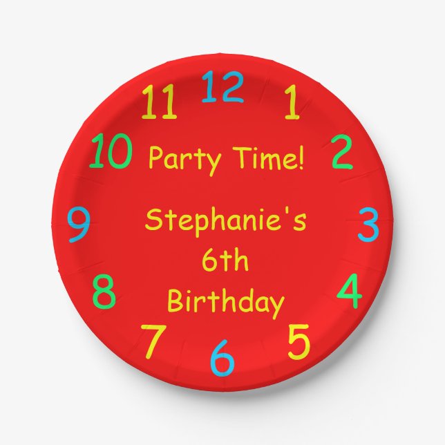 Party Time Paper Plates, 6th Birthday, Red Plate (Front)