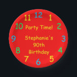 Party Time Paper Plates, 90th Birthday, Red Paper Plate<br><div class="desc">What a fun paper plate for a birthday party for someone who is young at heart. Colourful paper plates in my "Party Time" clock design. Primary colours, including red, yellow, blue, and green are very festive and fun. Although default says "90th Birthday", you can easily change the text for name,...</div>