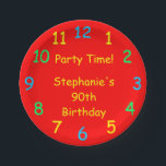 Party Time Paper Plates, 90th Birthday, Red Paper Plate<br><div class="desc">What a fun paper plate for a birthday party for someone who is young at heart. Colourful paper plates in my "Party Time" clock design. Primary colours, including red, yellow, blue, and green are very festive and fun. Although default says "90th Birthday", you can easily change the text for name,...</div>