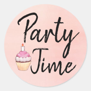 Party Time Pink Watercolor Cupcake Birthday Classic Round Sticker