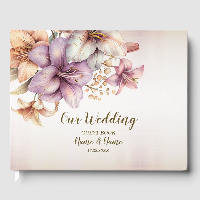Party Watercolor Boho Pink Flowers Elegant Guest Book (Front)