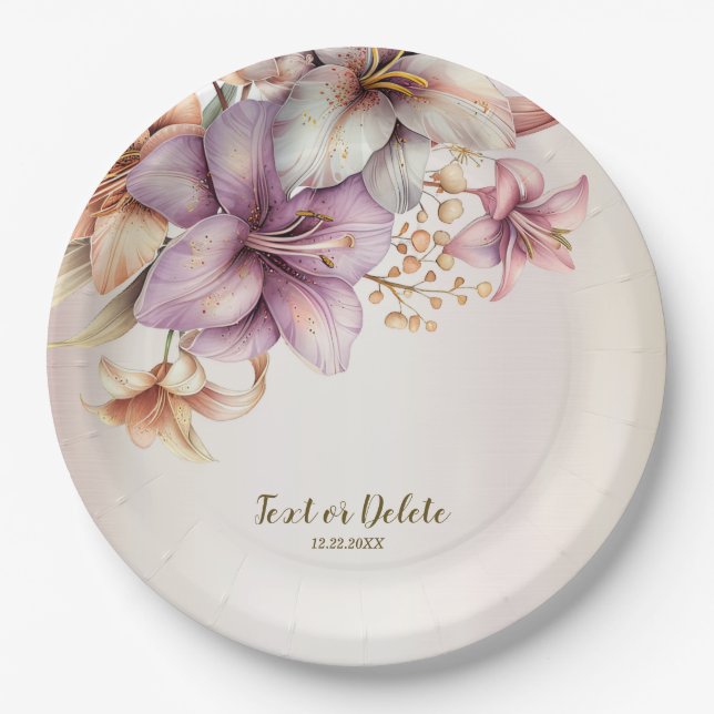 Party Watercolor Boho Pink Flowers Elegant Paper Plate (Front)