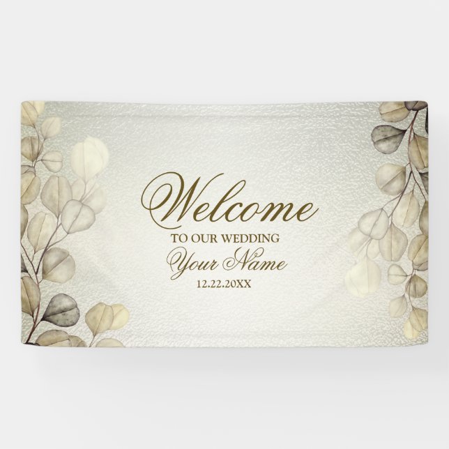 Party Watercolor Golden Eucalyptus Foliage Shiny Banner (Horizontal)