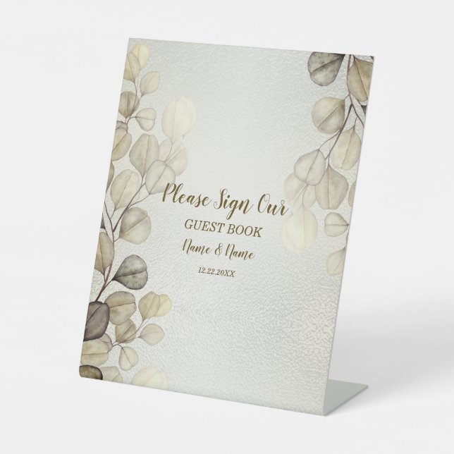 Party Watercolor Golden Eucalyptus Foliage Shiny Pedestal Sign (Front)