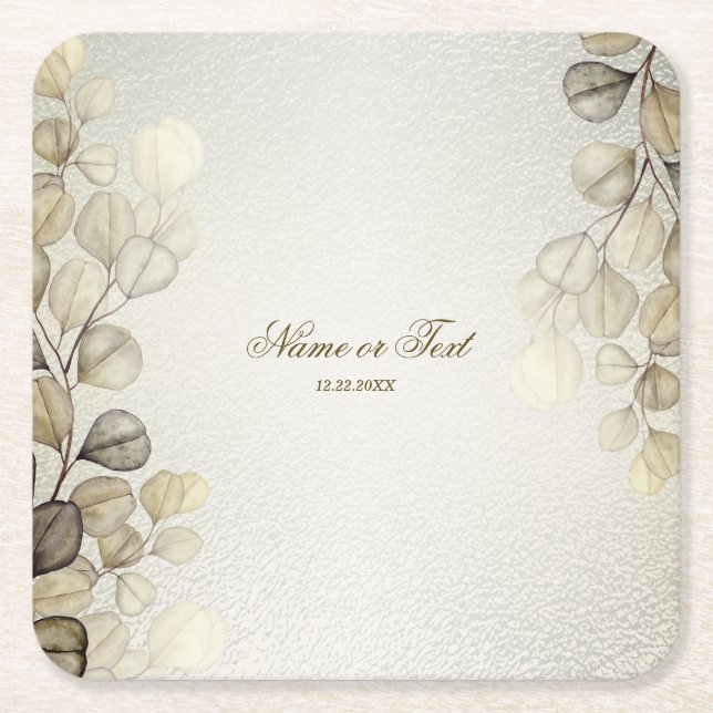 Party Watercolor Golden Eucalyptus Foliage Shiny Square Paper Coaster (Front)