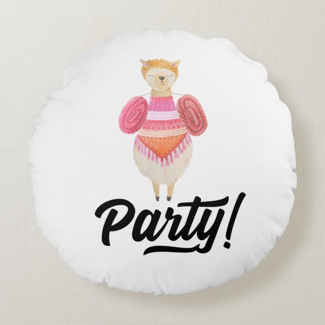 Party! Watercolor Llama Round Cushion (Front)