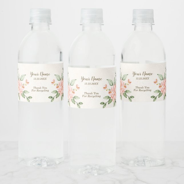  Party Watercolor Peach White Flowers Elegant Water Bottle Label (Bottles)