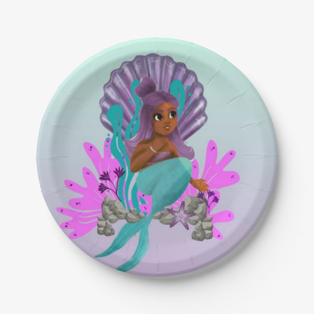 Party With Tash | Mermaid African American Girl Paper Plate (Front)