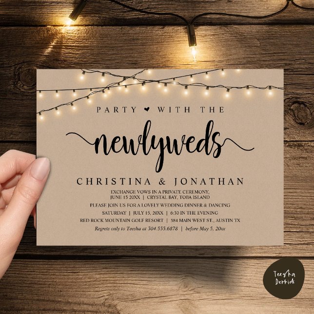 Party With The Newlyweds, Rustic Wedding Dinner Invitation (Party With The Newlyweds, Rustic Wedding Dinner Invitation Card, PDF, String Lights Brown Kraft)