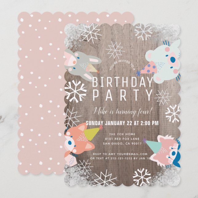 Party Woodland Animals Snowflakes Pink Birthday Invitation (Front/Back)
