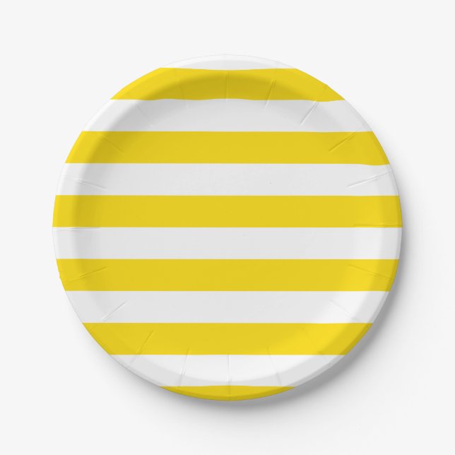 Party Yellow White Striped Modern Template Round Paper Plate (Front)