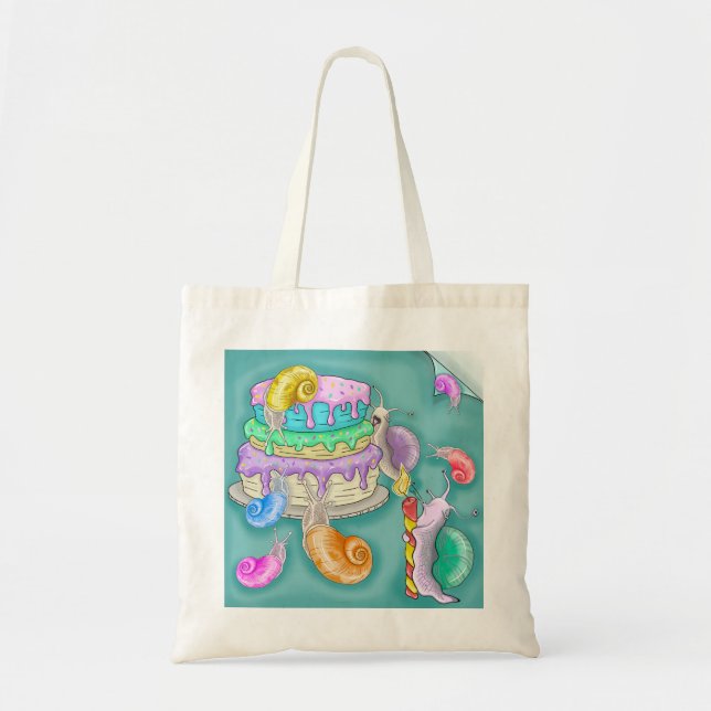 Partying snails with birthday cake, tote bag (Front)