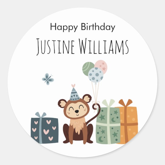 Pary animal, Monkey with gifts and balloons Classic Round Sticker (Front)