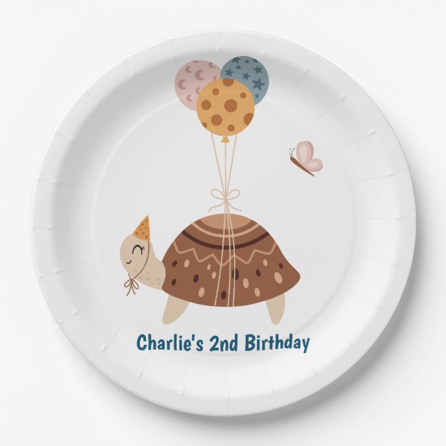 Pary animal, Turtle with balloons and party hat Paper Plate (Front)