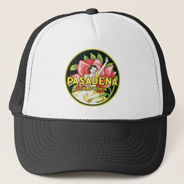 Pasadena California Vintage Luggage Label Trucker Hat (Front)