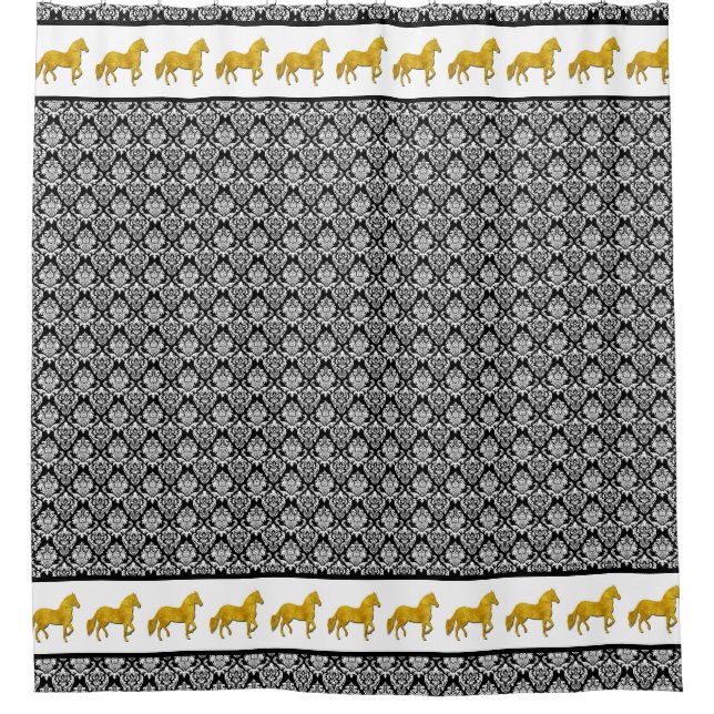 Paso Fino Horse Faux Gold Black Damask Pattern Shower Curtain (Front)