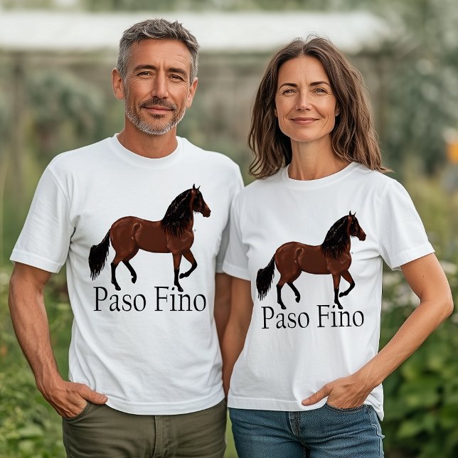 Paso Fino Horse Illustration Equestrian T-Shirt (White t-shirt with Paso Fino horse illustration and bold text “Paso Fino,” modeled by man and woman,)