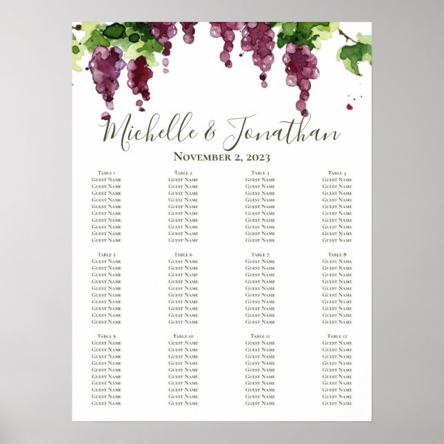 Paso Robles Vineyard Winery Wedding Seating Chart (Front)