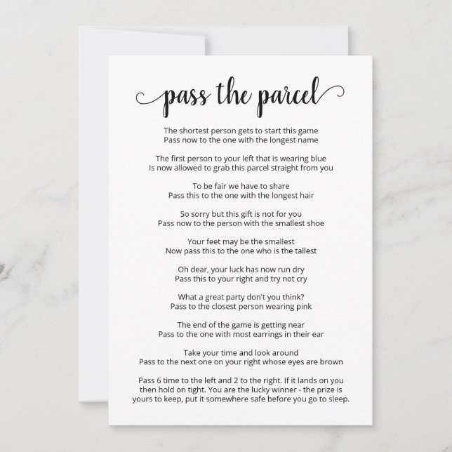 Pass The Parcel party Game Card (Front)