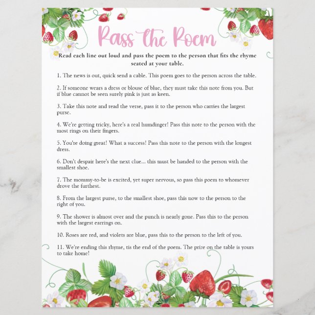 Pass the Poem | Strawberry Berry Sweet Baby Shower (Front)