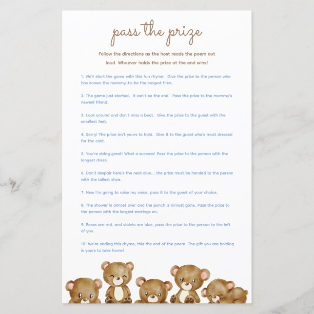 Pass the Prize Baby Shower Game - Bears (Front)
