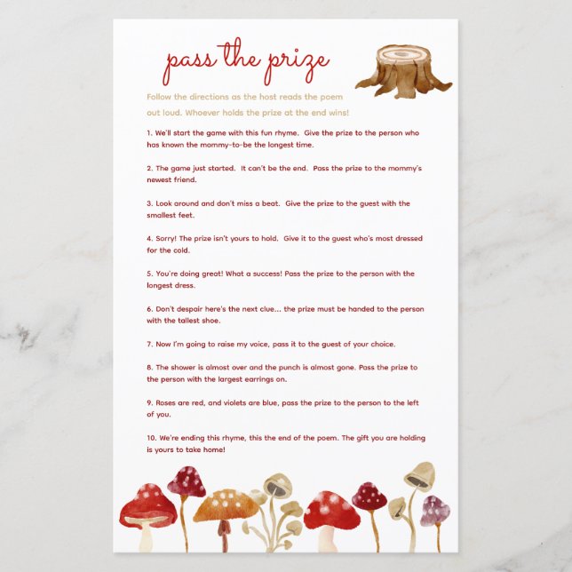 Pass the prize baby shower game Woodland Mushroom (Front)