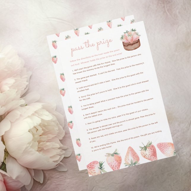 Pass the prize berry sweet baby shower game (Pass the prize game for a berry sweet baby shower with watercolor pink coquette strawberry cake)