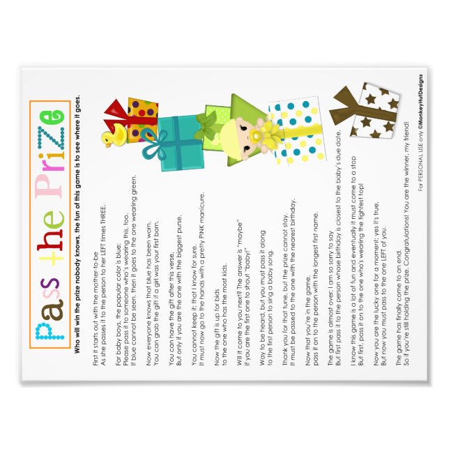 Pass the Prize game sheet MonkeyHutDesigns Photo Print (Front)