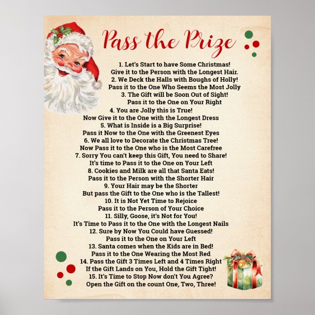 Pass the Prize Poem Christmas Game Sign (Front)