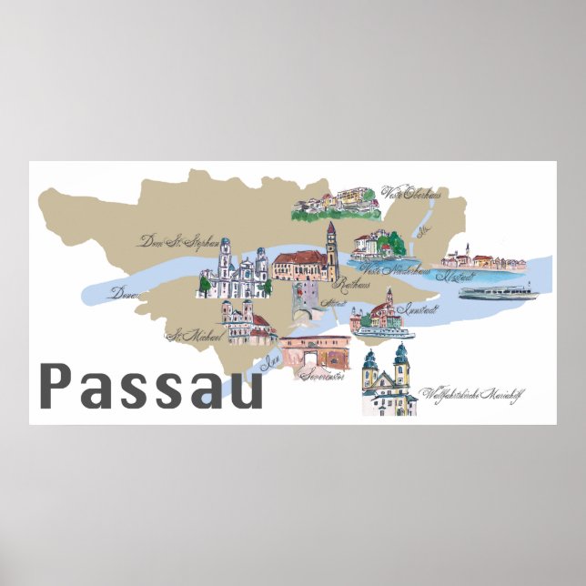 Passau Germany highlights map Poster (Front)