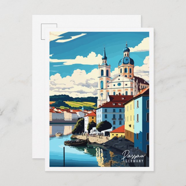 Passau Germany vintage travel illustration Postcard (Front/Back)