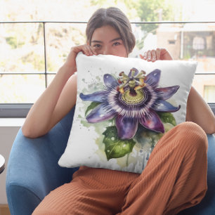 passion flower in colourful purple and green  cushion