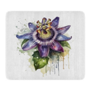 passion flower in colourful purple and green  cutting board