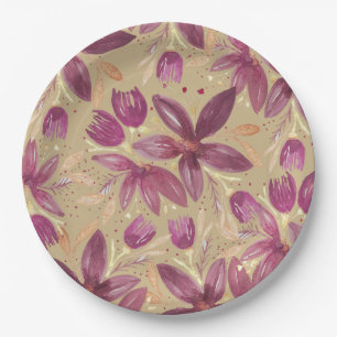 Passion Flowers, Watercolor Burgundy and Gold Paper Plate