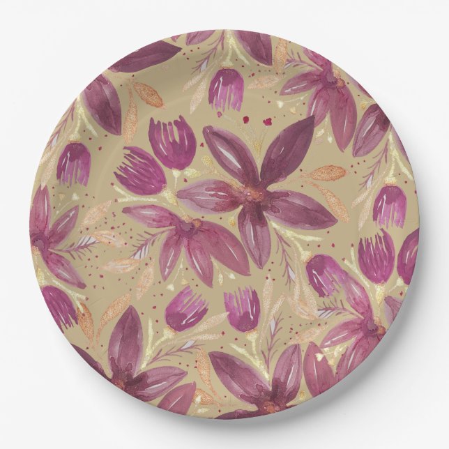 Passion Flowers, Watercolor Burgundy and Gold Paper Plate (Front)