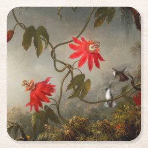 Passion Flowers with Hummingbirds Heade Square Paper Coaster