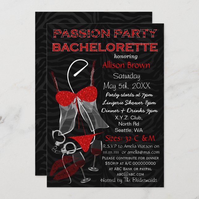 Passion Party Bachelorette, Lingerie Shower Invite (Front/Back)