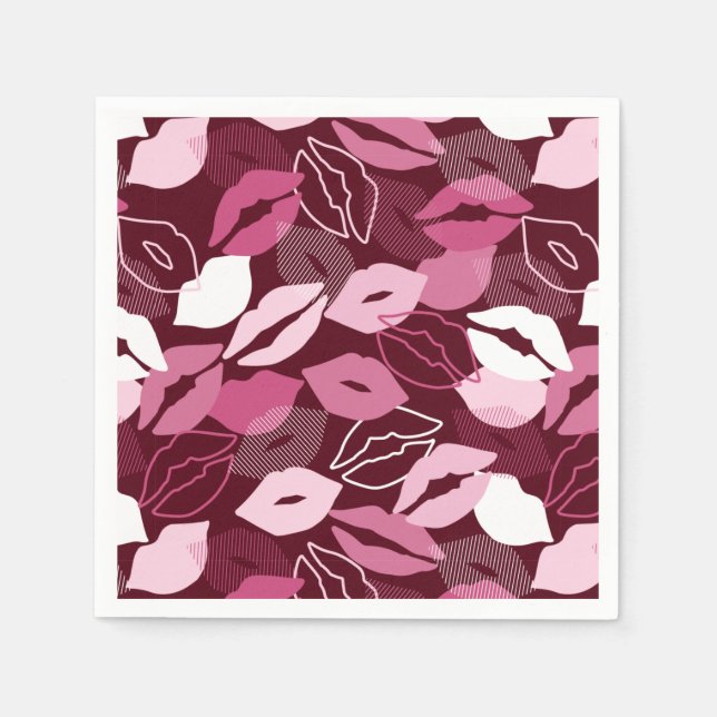 Passionate Red Pink Lips Kissing Pattern Napkin (Front)