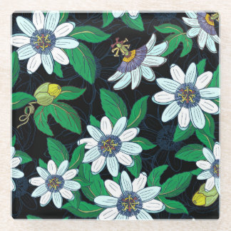 Passionflower Black Background Floral Seamless Glass Coaster