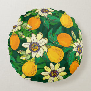 Passionflower Bloom: Black Background Vintage. Round Cushion